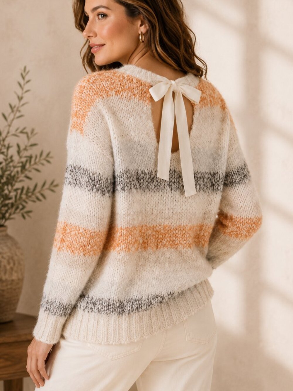 Anthropologie Meadow Rue Kennedy Bow Back Striped Sweater Cream XS